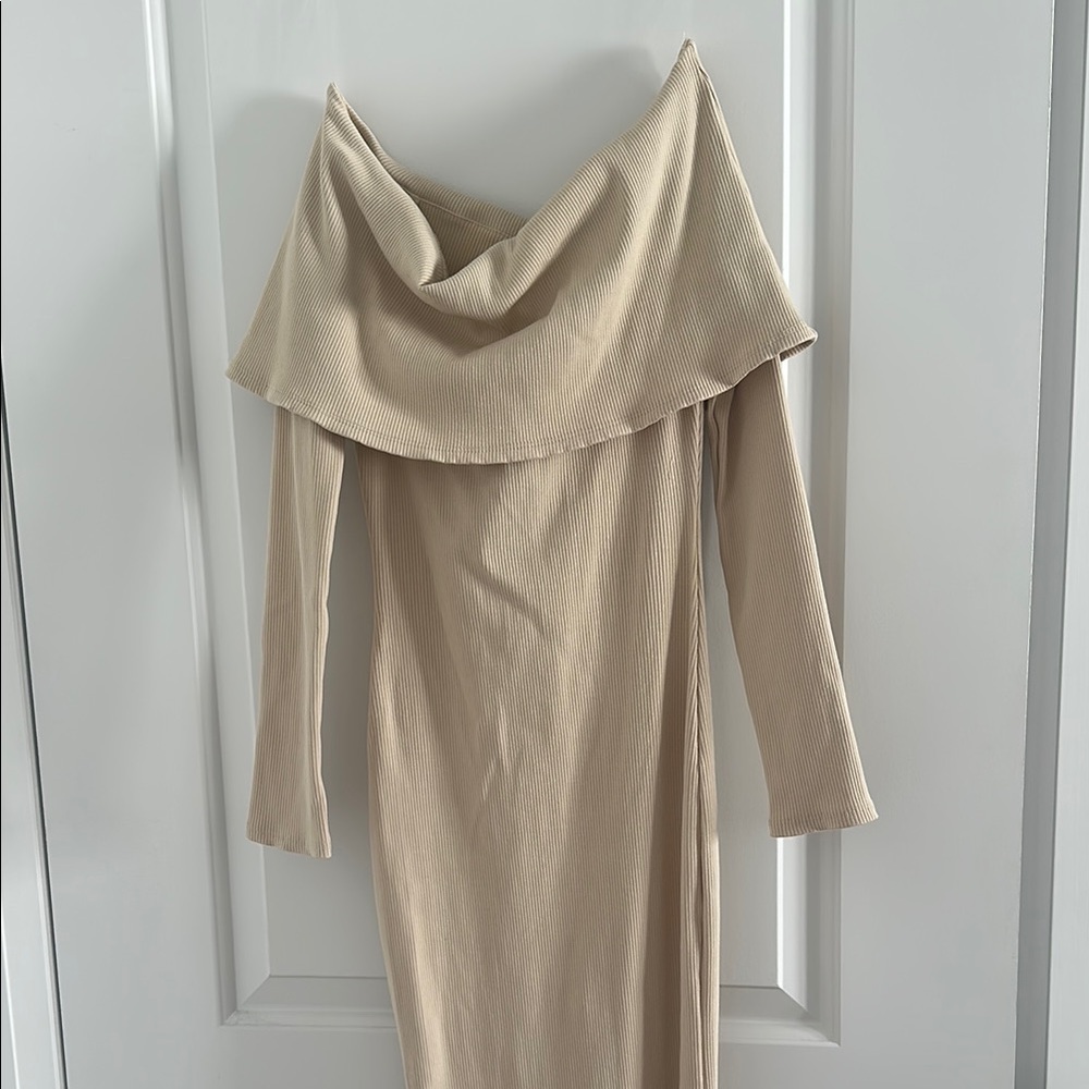 Cream Off-Shoulder Long Sleeve Sheath Dress